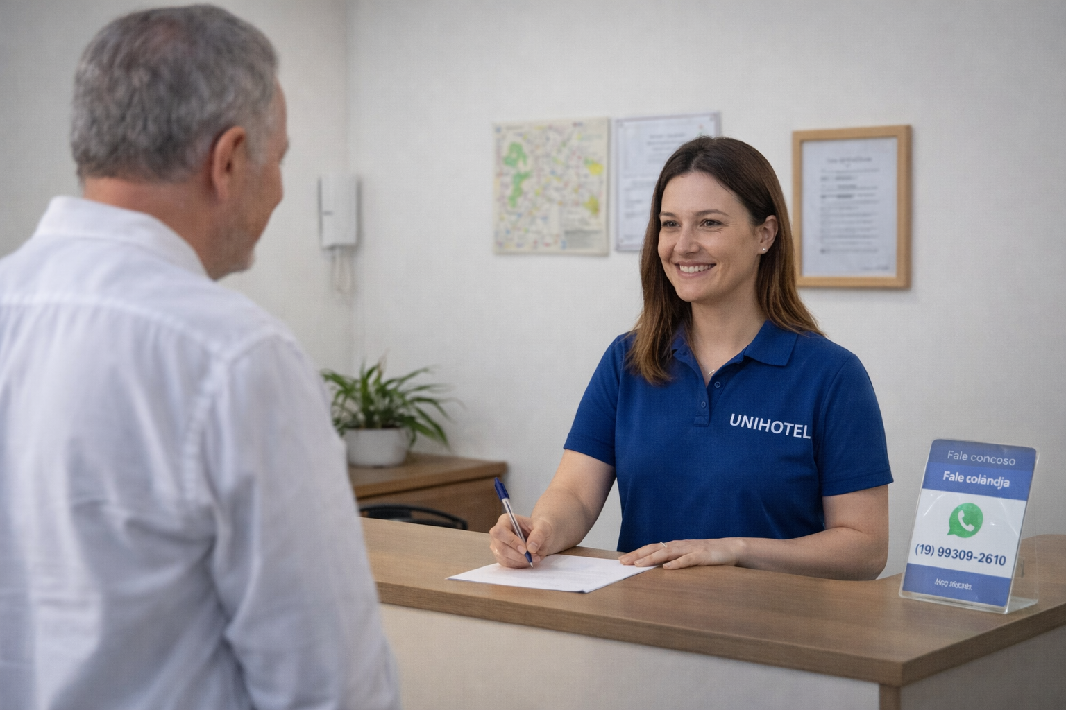 Recepção do Unihotel com atendimento direto e profissional